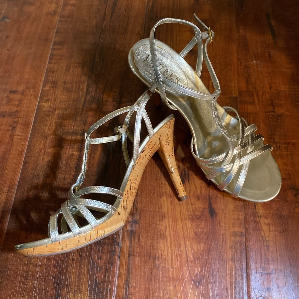 Ralph Lauren leather gold metallic sandals w/4” heel. Size 7.5
